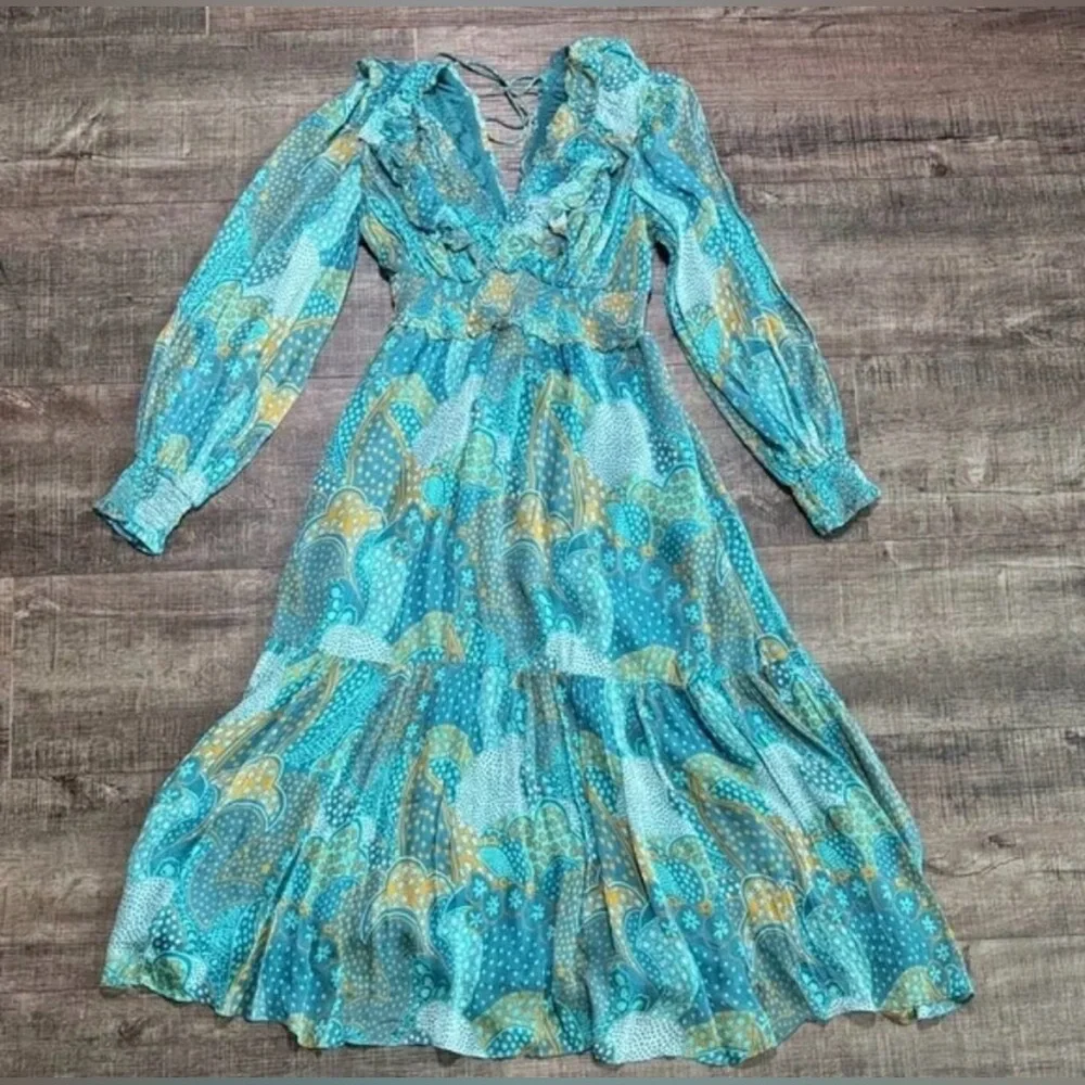 NEW Anthropologie The Odetta Ruffled V-Neck‎ Maxi LS flowy Dress Teal Size  M - Picture 11 of 17